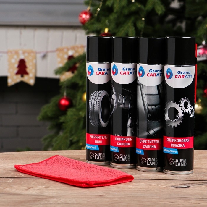Новогодний подарочный набор для ухода за авто Новогодний подарочный набор для ухода за авто "С новым годом!", набор автохимии: силиконовая смазка 400 мл, полироль пластика 400 мл, очиститель салона 400 мл, чернитель шин 400 мл + микрофибра