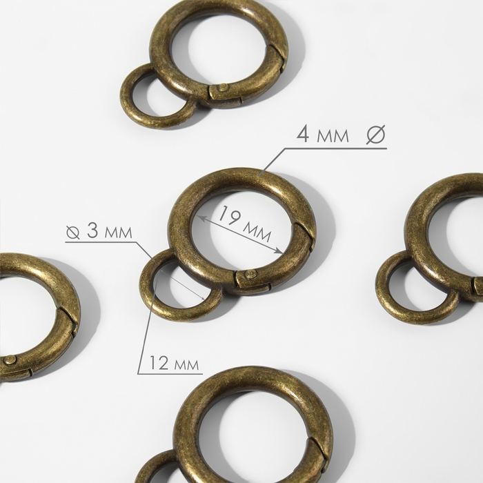 Кольцо-карабин, 37 мм, d = 27/19 мм, толщина - 4 мм, с креплением 12 × 3 мм, 5 шт, цвет бронзовый Кольцо-карабин, 37 мм, d = 27/19 мм, толщина - 4 мм, с креплением 12 × 3 мм, 5 шт, цвет бронзовый