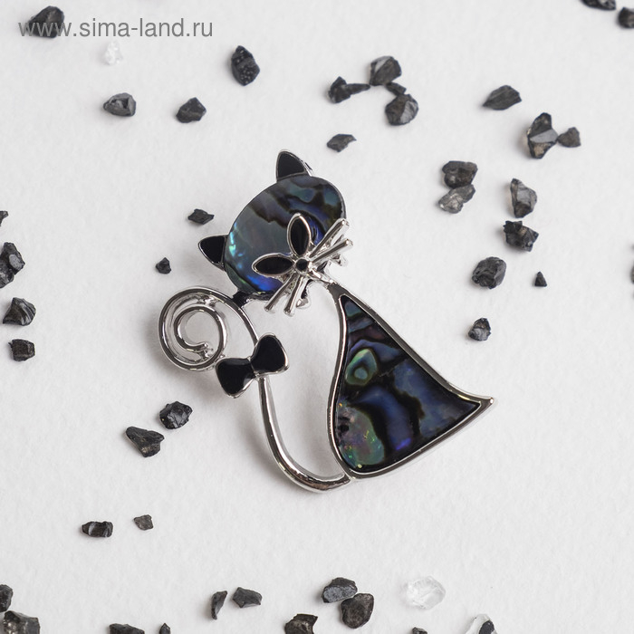 Брошь &laquo;Галиотис&raquo; кошка с бантиком в серебре