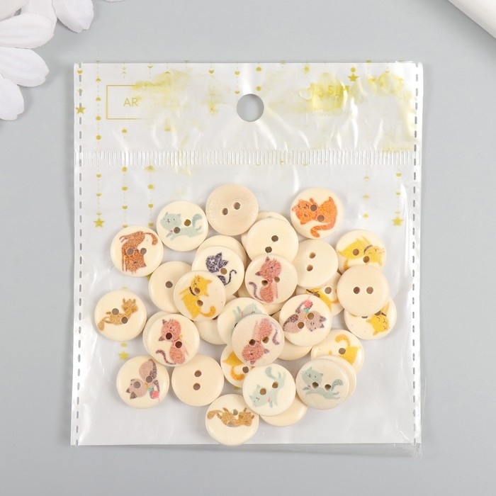 Пуговицы дерево для творчества 2 прокола Пуговицы дерево для творчества 2 прокола "Котики" набор 40 шт 1,5х1,5х0,4 см