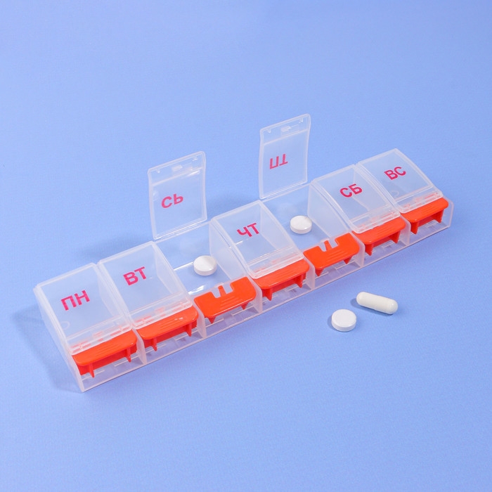 Таблетница «Неделька», русские буквы, 21,5 × 5,5 × 2,5 см, 7 секций, цвет МИКС Таблетница «Неделька», русские буквы, 21,5 × 5,5 × 2,5 см, 7 секций, цвет МИКС