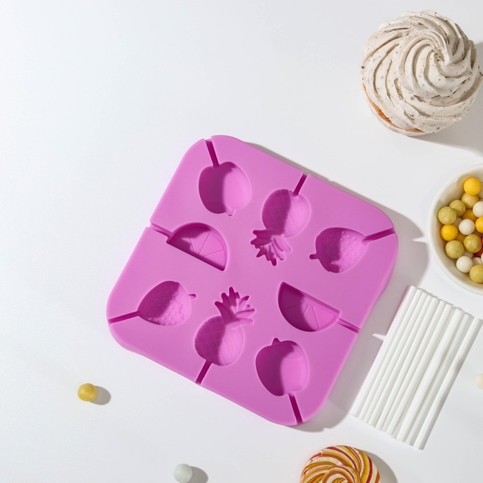 Форма для леденцов Доляна «Тропики», силикон, 13,5×13,5×1,2 см, 8 ячеек, с палочками, цвет МИКС Форма для леденцов Доляна «Тропики», силикон, 13,5×13,5×1,2 см, 8 ячеек, с палочками, цвет МИКС