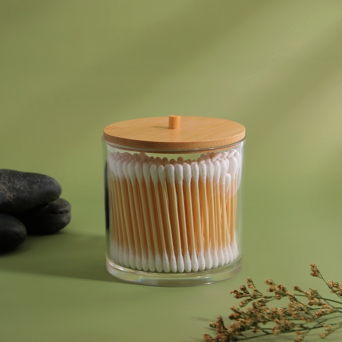 Органайзер для хранения ватных палочек «BAMBOO», с крышкой, d = 9,5 × 9,7 см, в картонной коробке, цвет прозрачный/коричневый