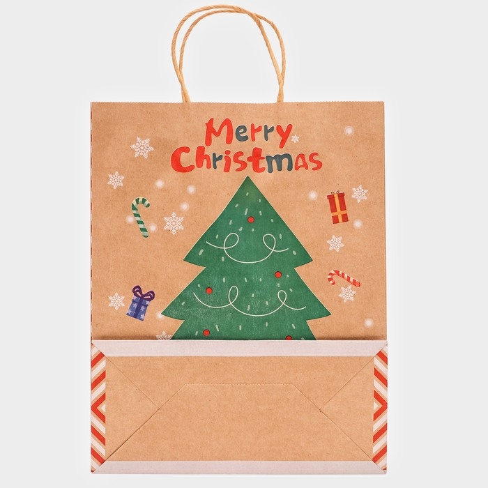 Новый год. Пакет бумажный подарочный новогодний крафт Новый год. Пакет бумажный подарочный новогодний крафт "Новогодняя ёлка", 33 × 26 × 12 см.