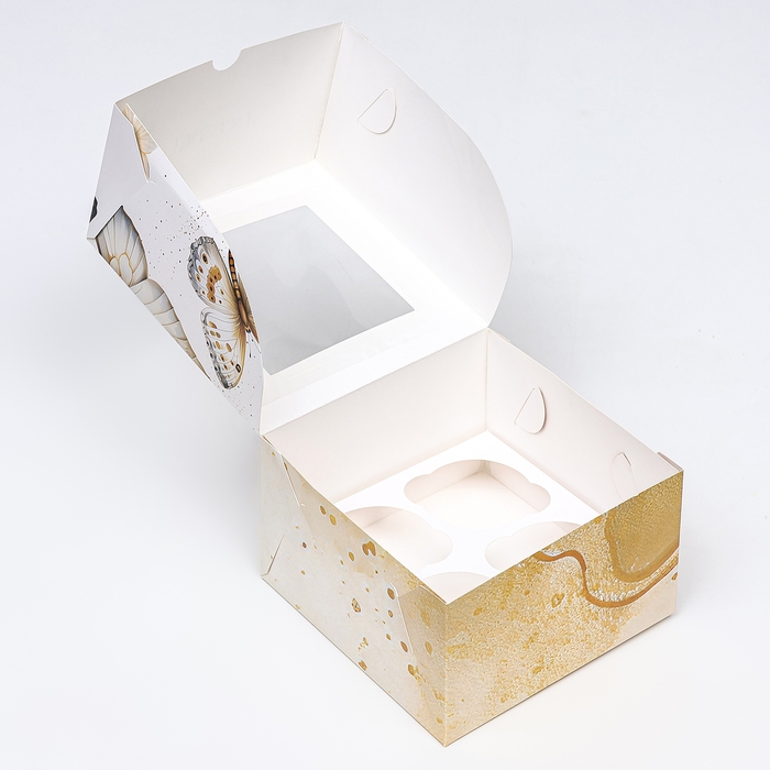 Коробка для 4 капкейков с окном ,  Коробка для 4 капкейков с окном , "Бабочки", 16 х 16 х 10 см