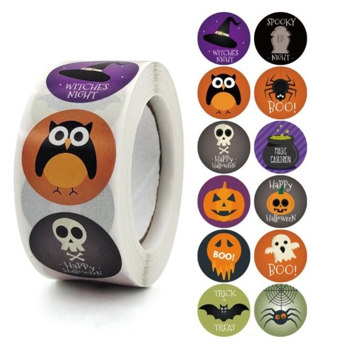 Наклейка бумага Наклейка бумага "Хэллоуин. Страшилки" d=2,5 см 500 шт в рулоне 3х6,5х6,5 см