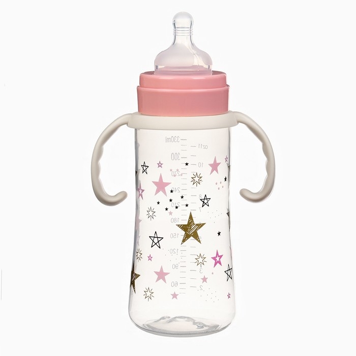 Бутылочка для кормления Ø50мм ШГ, «Звезды», 330мл, +3мес., цвет розовый, ручки молочные
