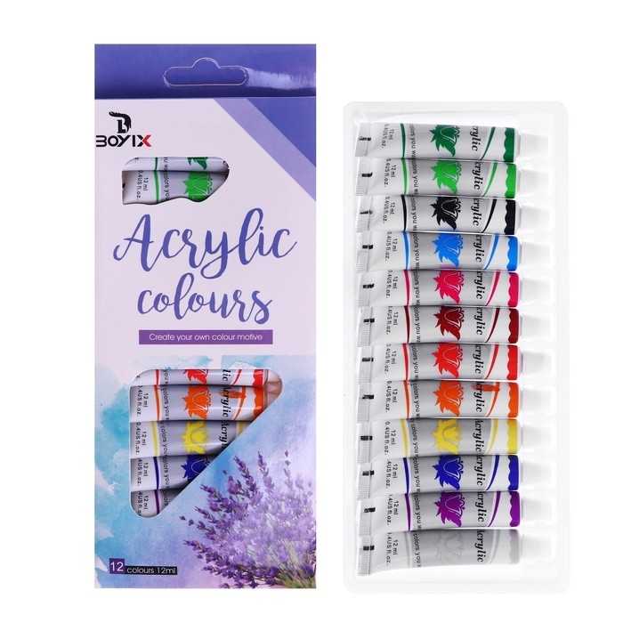 Краски акриловые, 12 цветов, в пластиковой тубе, 12 мл, в картонной коробке Краски акриловые, 12 цветов, в пластиковой тубе, 12 мл, в картонной коробке