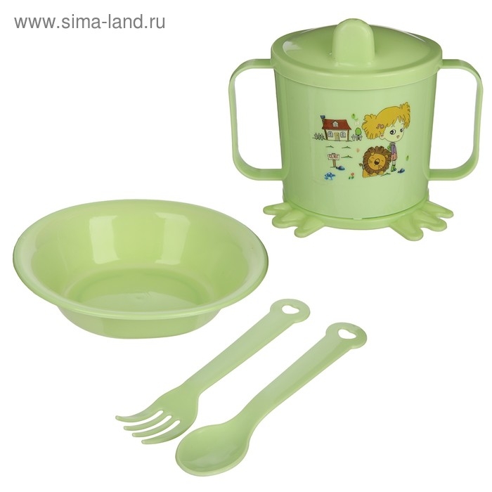 Набор детской посуды, 4 предмета: миска, ложка, вилка, поильник с твёрдым носиком 200 мл, цвета МИКС Набор детской посуды, 4 предмета: миска, ложка, вилка, поильник с твёрдым носиком 200 мл, цвета МИКС