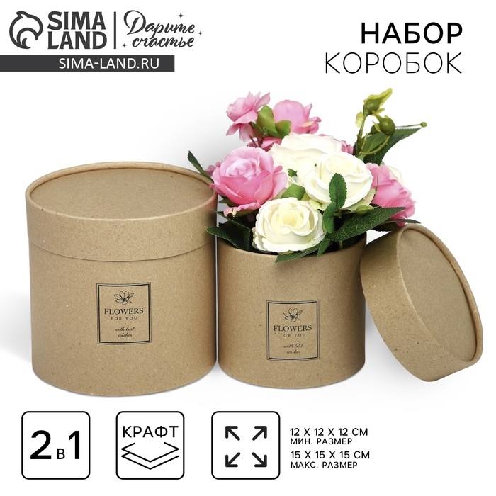Набор шляпных коробок из крафта 2 в 1, упаковка подарочная, «Flowers», 12 х 12, 15 х 15 см Набор шляпных коробок из крафта 2 в 1, упаковка подарочная, «Flowers», 12 х 12, 15 х 15 см