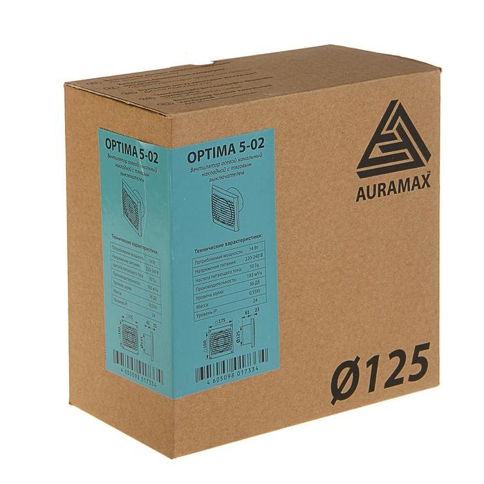Вентилятор вытяжной AURAMAX OPTIMA 5-02, 175х175 мм, d=125 мм, 220‒240 В, с выключателем Вентилятор вытяжной AURAMAX OPTIMA 5-02, 175х175 мм, d=125 мм, 220‒240 В, с выключателем