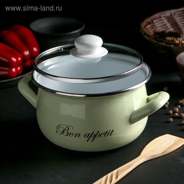 Кастрюля эмалированная «Лайм», 2.1 л, стеклянная крышка, индукция, цвет светло-зелёный Кастрюля эмалированная «Лайм», 2.1 л, стеклянная крышка, индукция, цвет светло-зелёный