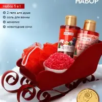 Подарочный набор новогодний в санях: 2 геля для душа, соль для ванны и мочалка, URAL LAB