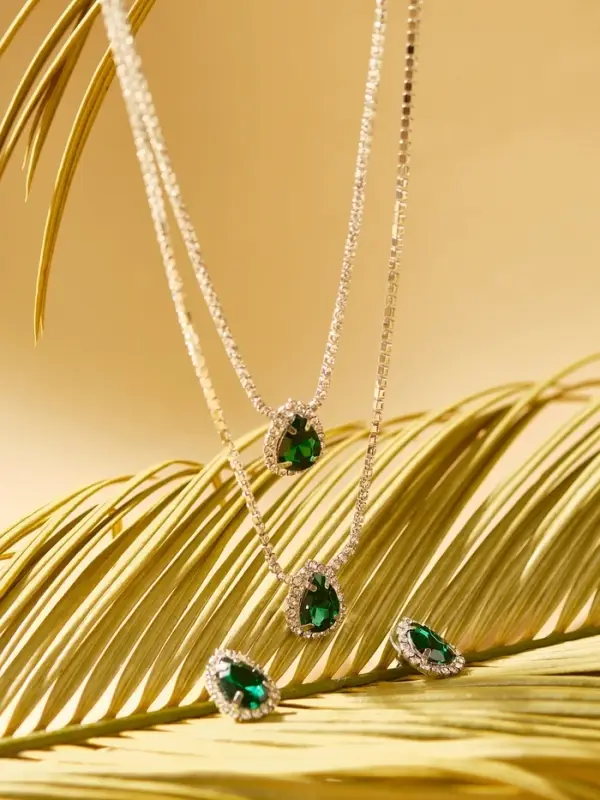 Набор 2 предмета: серьги, колье &laquo;Жаклин&raquo;, дуэт, капля, цвет бело-изумрудный в серебре, 45 см