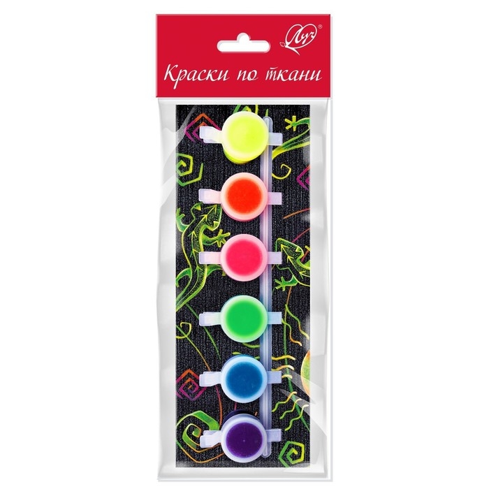 Краска по ткани, набор 6 цветов х 5 мл, Луч, флуоресцентная, акриловая на водной основе, с кистью Краска по ткани, набор 6 цветов х 5 мл, Луч, флуоресцентная, акриловая на водной основе, с кистью