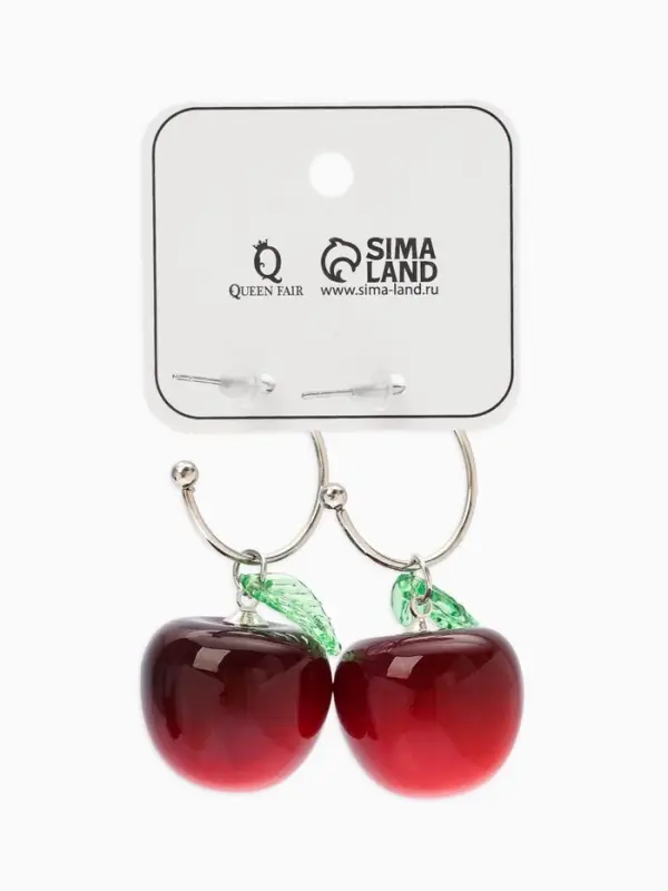 Серьги кольца &laquo;Черешня с листочком&raquo;, бордовые в серебре