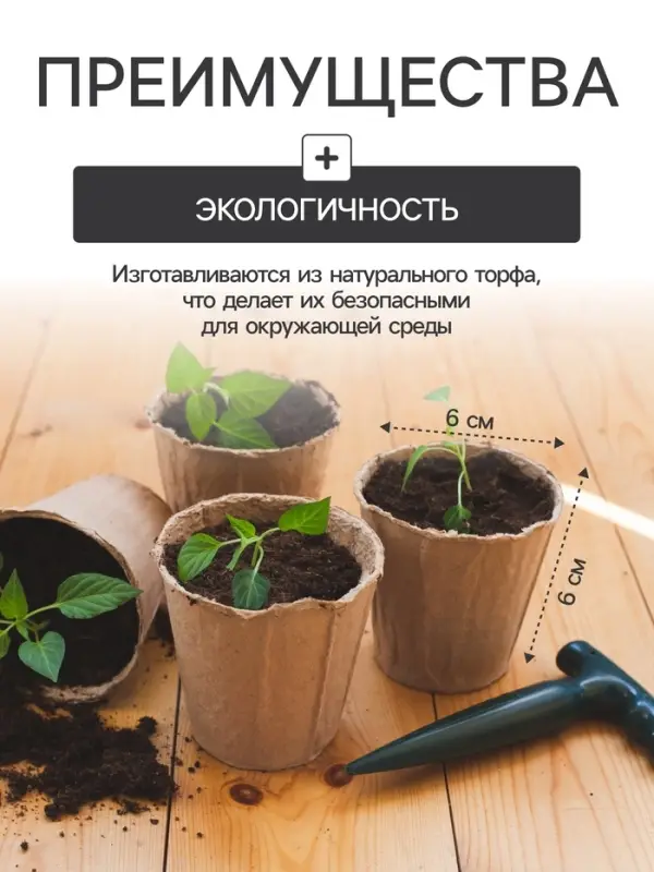 Набор для рассады: торфяной горшок 6×6 см, кассета на 6 ячеек, 17.5×13.5 см, Greengo