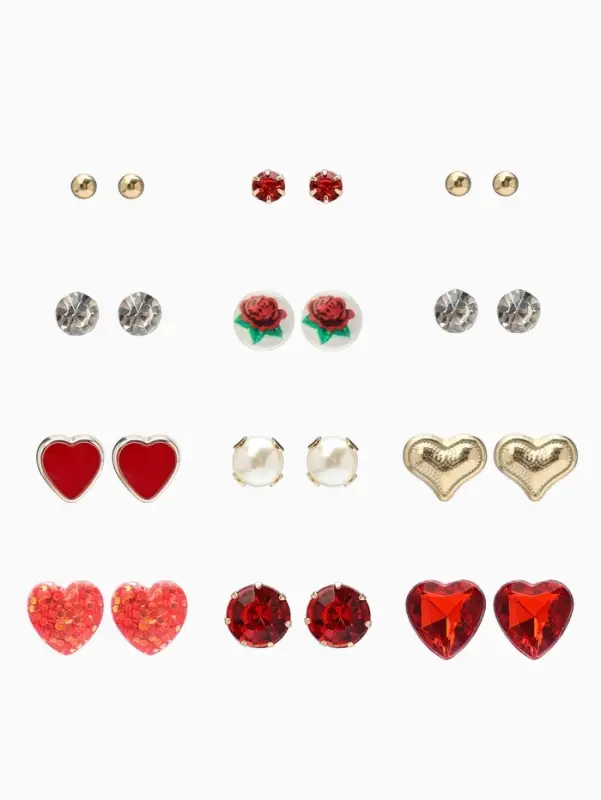 Серьги пусеты QF &laquo;Романтика&raquo;, 12 пар, сердечки, цветные в золоте