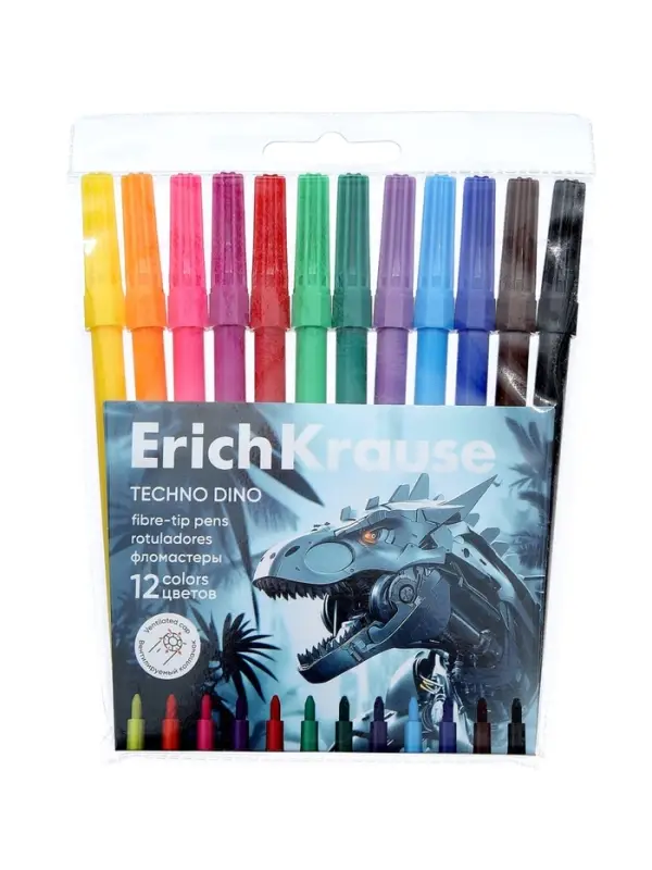 Фломастеры 12 цветов ErichKrause Techno Dino, европодвес