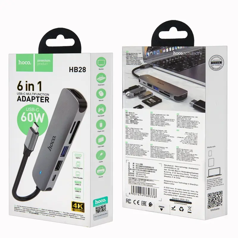 HUB 6 в 1 Type-C на USB 3.0 + USB 2.0 + HDMI + SD + TF + USB-C 60W HB28 HOCO серый