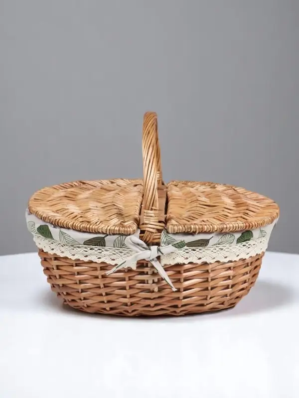 Плетёная корзина-лукошко, ткань внутри, 2 крышки, 35×28 см, высота 14.5 см, высота с ручкой 31 см, дно Плетёная корзина-лукошко, ткань внутри, 2 крышки, 35×28 см, высота 14.5 см, высота с ручкой 31 см, дно