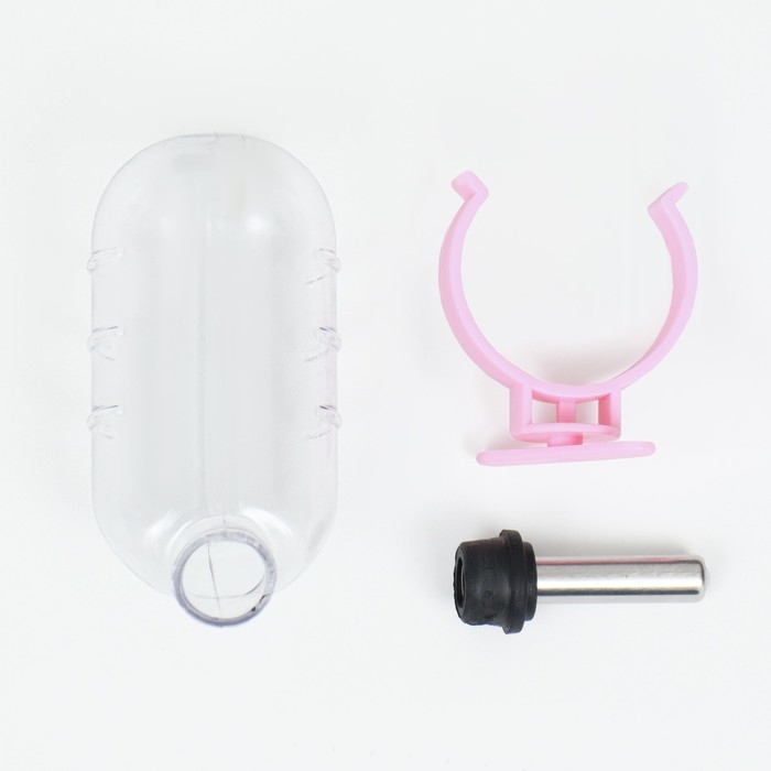 Поилка для грызунов с металлическим носиком, 60 мл, прозрачная с розовым крепление Поилка для грызунов с металлическим носиком, 60 мл, прозрачная с розовым крепление