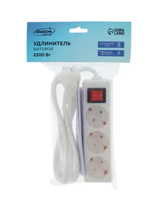 Удлинитель Luazon Lighting, 3 розетки, 1.8 м, 10 А, 2200 Вт, 3&times;0.75 мм2, с заземлением, с выключателем, белый