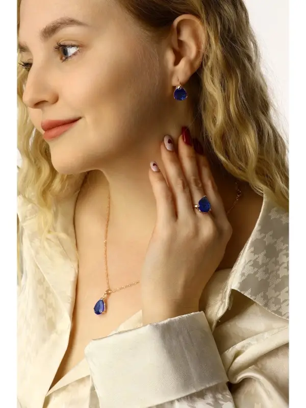 Гарнитур 3 предмета: серьги, кулон, кольцо безразмерное &laquo;Эдель&raquo;, капля, синие в золоте, 45 см