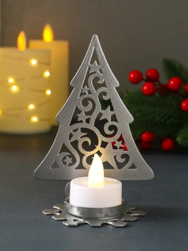 Подсвечник новогодний  Подсвечник новогодний "Ёлка со звёздами" серебряный 6,6х9х12,5 см