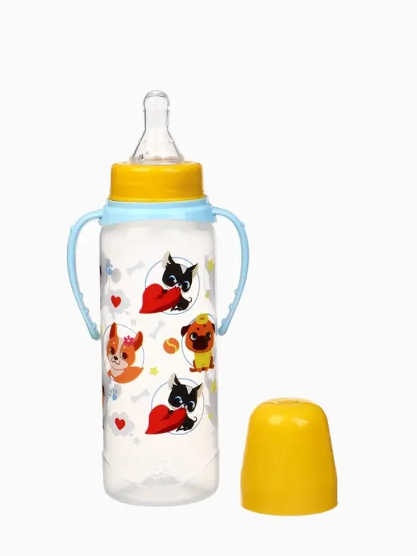 Бутылочка для кормления M&B &laquo;ТРЕНД. Песики&raquo;, классическое горло, с ручками, от 3 мес., 250 мл., цилиндр, голубой