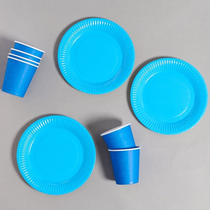 Набор бумажной посуды одноразовый: 6 тарелок, 6 стаканов, цвет голубой Набор бумажной посуды одноразовый: 6 тарелок, 6 стаканов, цвет голубой