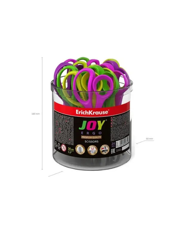 Ножницы детские 14 см, ErichKrause Joy Ergo, в стакане, с закруглёнными концами лезвий и линейкой, МИКС