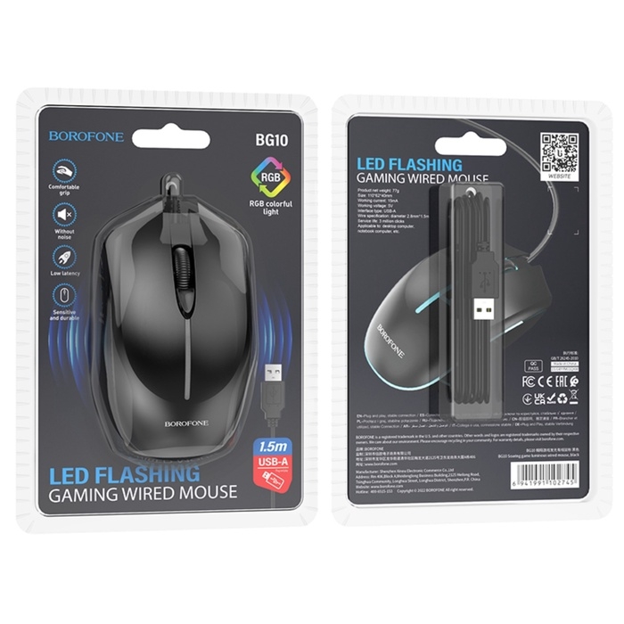 Мышь Borofone BG10, игровая, оптическая, подсветка, 1000 dpi, 1.5 м, USB, чёрная Мышь Borofone BG10, игровая, оптическая, подсветка, 1000 dpi, 1.5 м, USB, чёрная