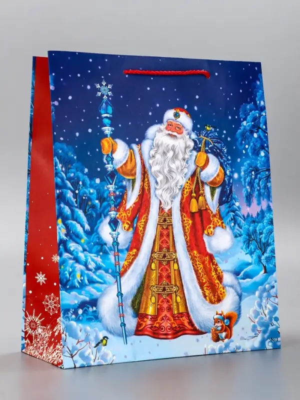 Пакет подарочный новогодний ламинированный, «Дед Мороз в лесу» , 26×12×32 см