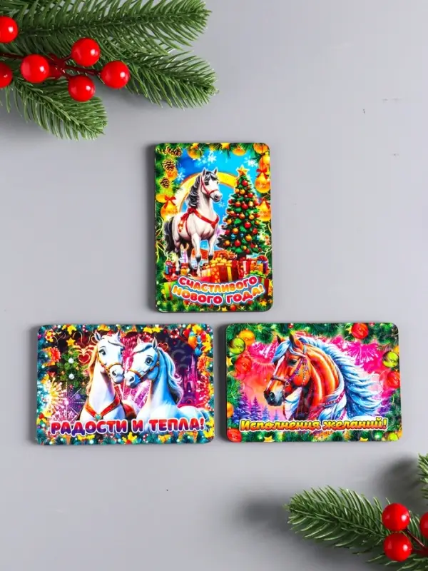 Набор новогодних магнитов 3шт "Радости и тепла,исполнения желаний,счастливого НГ" 9,5х6,5см