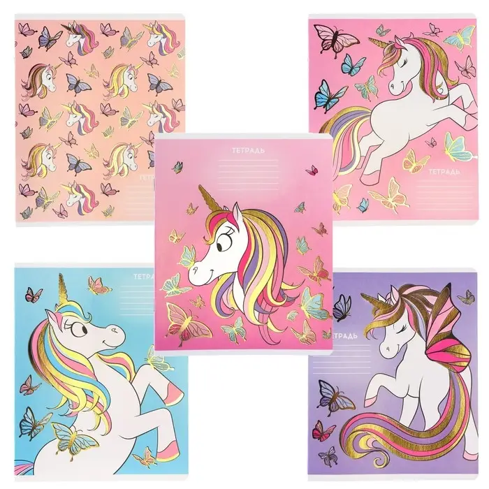 Тетрадь в клетку 24 листа, 5 видов МИКС, тиснение, обложка мелованный картон, &laquo;Минни Маус и единорог&raquo;