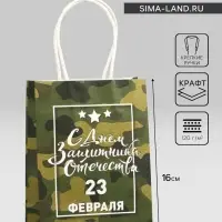 Пакет подарочный крафт «С 23 Февраля!» 12×6×16 см