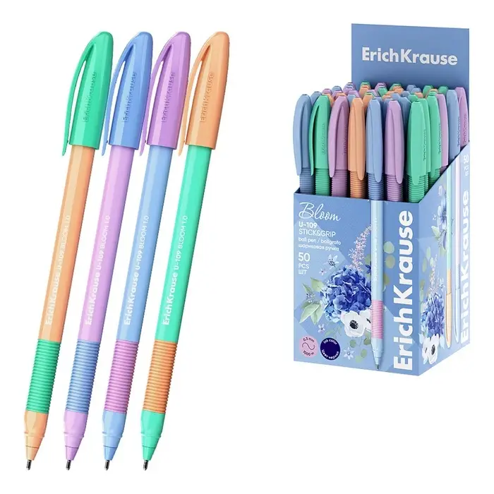 Ручка шариковая ErichKrause U-109 Stick&Grip Pastel Bloom, игольчатый узел 1.0 мм, чернила синие, резиновый держатель,МИКС Ручка шариковая ErichKrause U-109 Stick&Grip Pastel Bloom, игольчатый узел 1.0 мм, чернила синие, резиновый держатель,МИКС