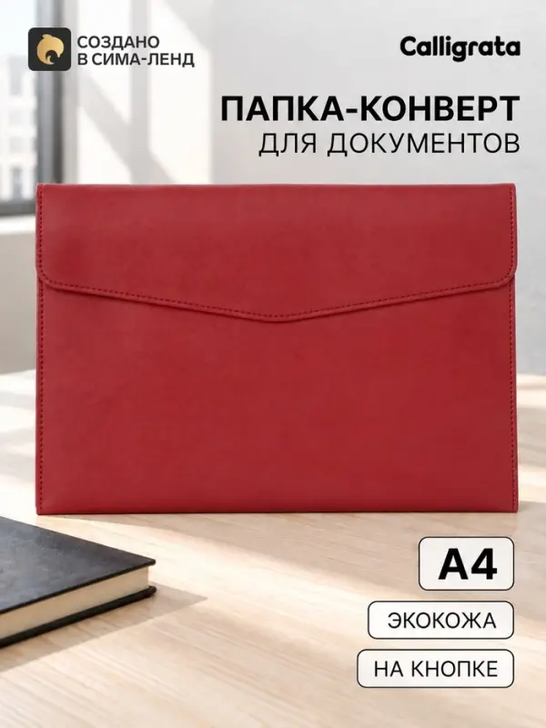 Папка-конверт на кнопке, формат А4, кожзам, красная