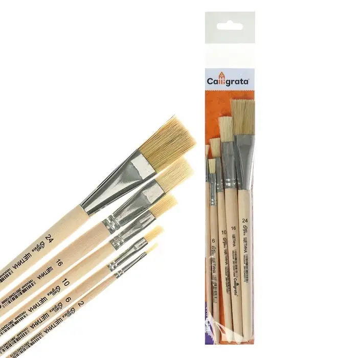Набор кистей для рисования, щетина, 5 штук: №: 2, 6, 10, 16, 24, Calligrata, плоские, деревянная ручка, в пакете