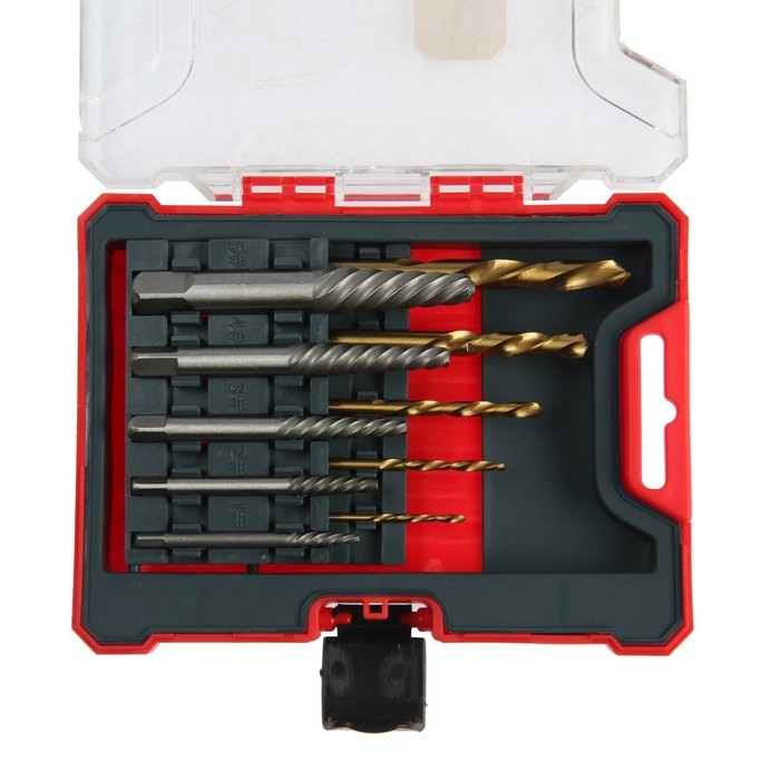 Набор экстракторов и сверл ТУНДРА, крупная левая резьба, 45 сталь М1-М5, d=2.4-8 мм HSS, TIN Набор экстракторов и сверл ТУНДРА, крупная левая резьба, 45 сталь М1-М5, d=2.4-8 мм HSS, TIN