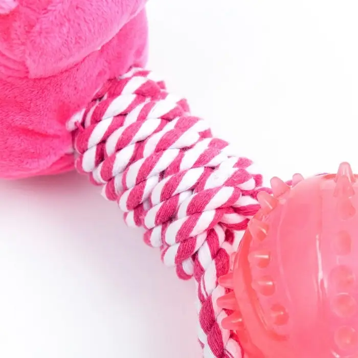 Игрушка для собак 3-в-1 Игрушка для собак 3-в-1 "Бегемот": канатная, мягкая с пищалкой, мяч TPR, 20 см, розовая