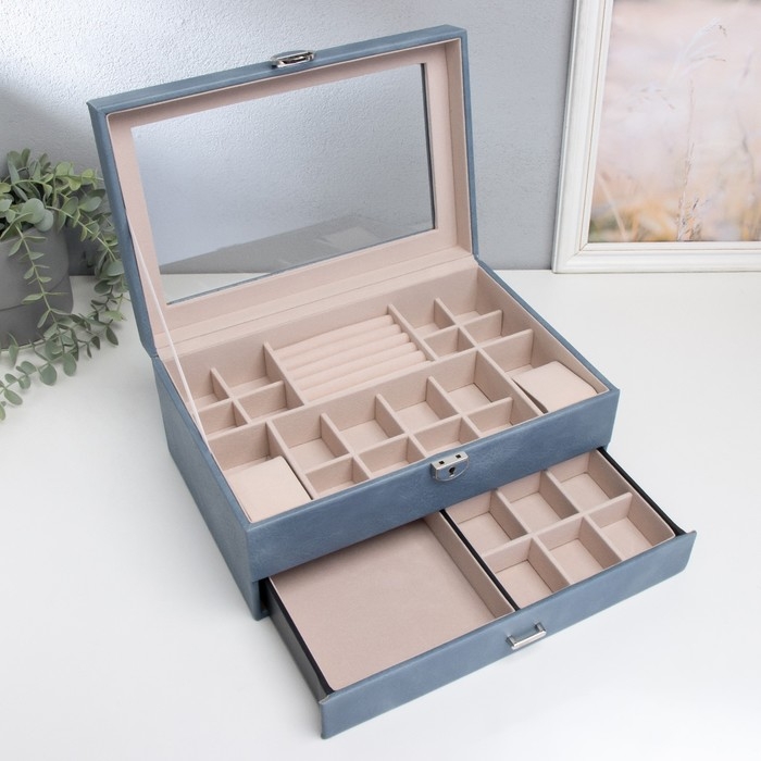 Шкатулка кожзам для украшений  Шкатулка кожзам для украшений "Кабрина" синяя 30,5х20х13,5 см