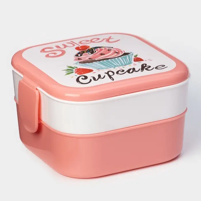 Ланч - бокс в школу IDEA &laquo;Капкейки&raquo;, 800 мл, 12.5&times;13&times;8.5 см, 2 отделения, пластик, бело-розовый