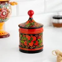 Банка для хранения сыпучих продуктов, кадочка, средняя, 9&times;14 см, дерево, хохлома, МИКС