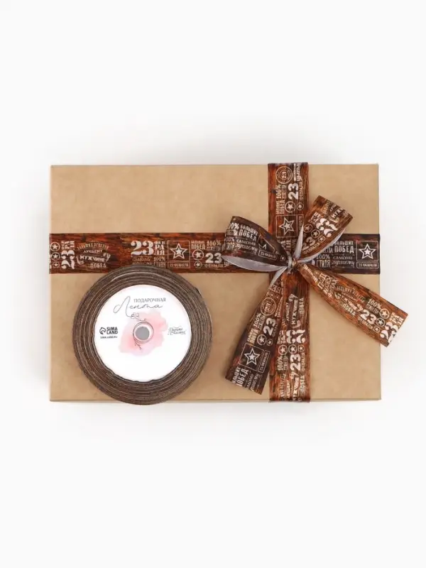 Лента атласная &laquo;23 февраля&raquo;, 2.5 см &times; 22.5 (&plusmn; 1) м, коричневая
