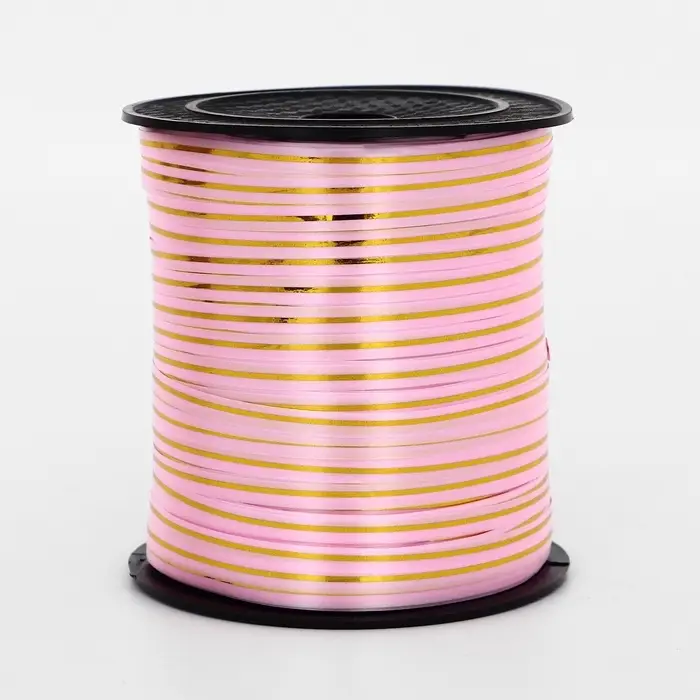 Лента упаковочная с золотой полосой, розовая, 5 мм &times; 225 м