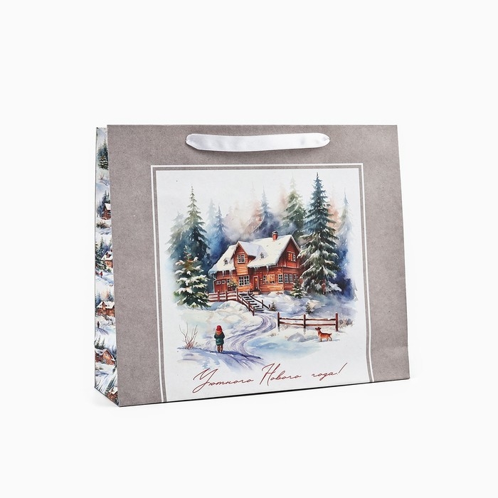 Пакет подарочный новогодний крафтовый вертикальный «Зимний лес», M 26 х 30 х 9 см 9564906 , Новый год