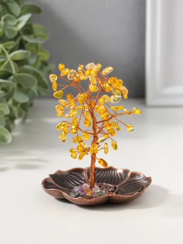 Подставка под благовония "Дерево на цветке" жёлтый 72 камня 9х9х13,5 см