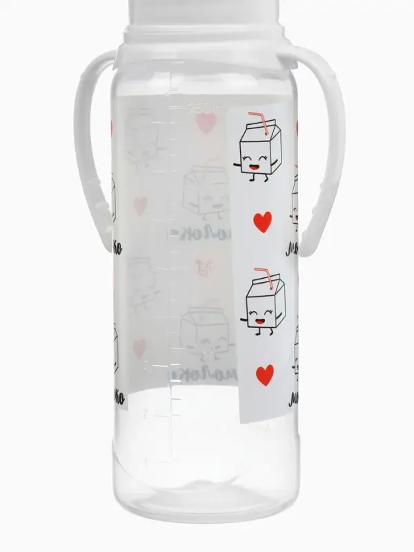 Бутылочка для кормления M&B &laquo;Люблю молоко&raquo;, классическое горло, с ручками, от 3 мес., 250 мл., белый